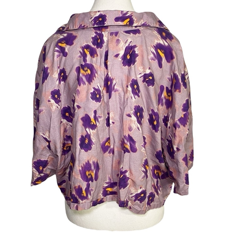 Open Edit Purple Floral Cropped Button Down Short Sleeve Women's Top - Picture 2 of 13
